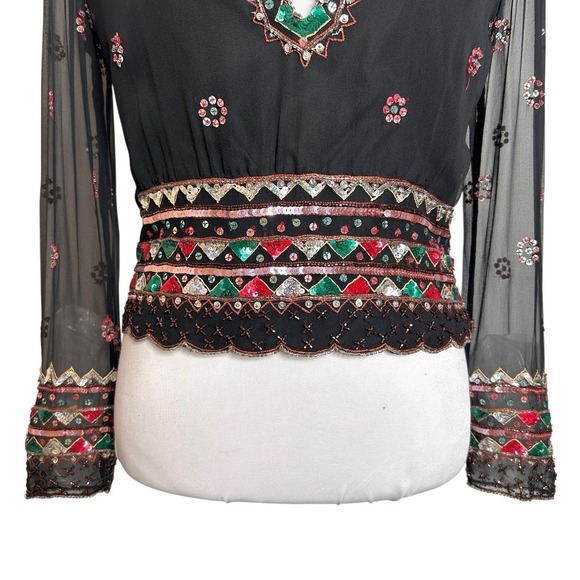 Marina Beaded Sequin Silk Sheer Blouse Black Y2K Whimsigoth Size S / M - Picture 7 of 11